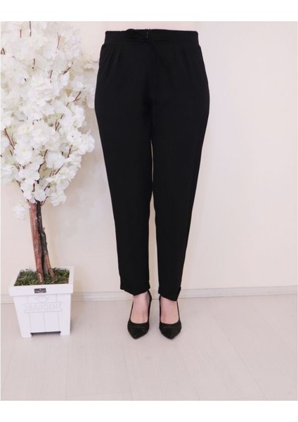 Kadın Beli Lastikli ve Bağcıklı Krep Pantolon