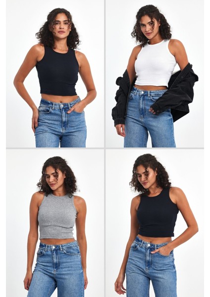 Kadın Siyah-Gri-Beyaz-Lacivert Fitilli Görünümlü Askılı Kalın Esnek Örme 4'lü Basic Crop Atlet Bluz