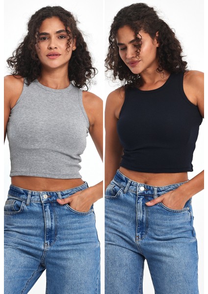 Kadın Gri-Lacivert Fitilli Görünümlü Askılı Kalın Esnek Örme 2'li Basic Crop Atlet Bluz