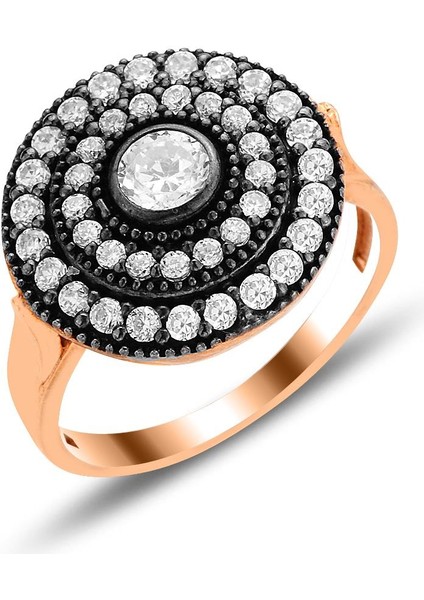 Gümüş Rose Zirkon Taşlı Elmas Montürlü Yuvarlak Yüzük