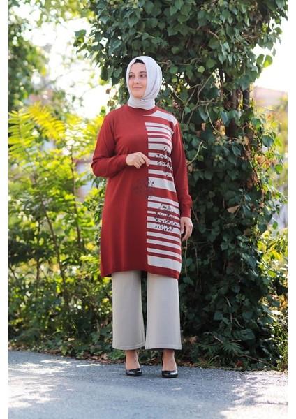 Zey&Ka Butik Büyük Beden Merserize Soğuk Rayon Iplik Perfect Geometrik Çizgi Desen Tunik Pantolon Ikili Takım