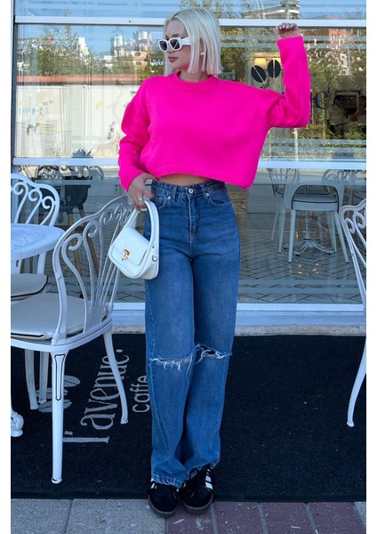 Fuşya Bisiklet Yaka Crop Kadın Kazak MG2166