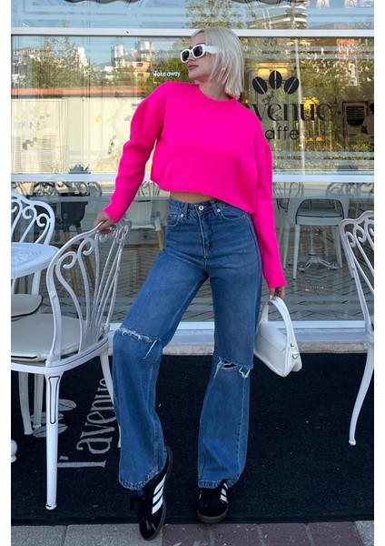 Fuşya Bisiklet Yaka Crop Kadın Kazak MG2166 modelleri