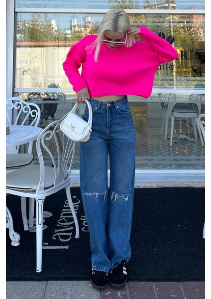 Fuşya Bisiklet Yaka Crop Kadın Kazak MG2166 fırsatları