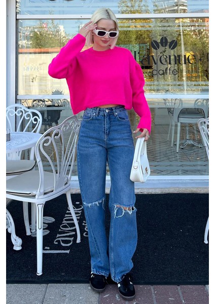 Fuşya Bisiklet Yaka Crop Kadın Kazak MG2166 indirimleri