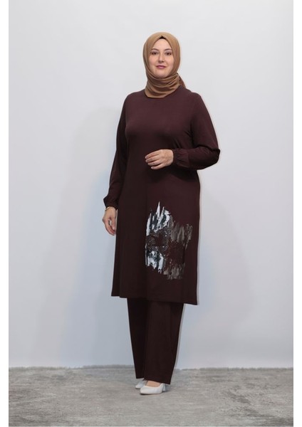 Büyük Beden Sticker Baskılı Taşlı Mers Penye Tunik Pantolon Ikili Takım fiyatları