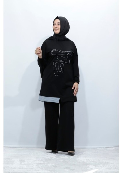 Büyük Beden Inci Işlemeli Iki Iplik Pamuklu Tunik Pantolon Ikili Takım