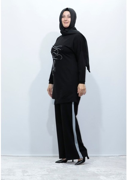 Büyük Beden Inci Işlemeli Iki Iplik Pamuklu Tunik Pantolon Ikili Takım modelleri