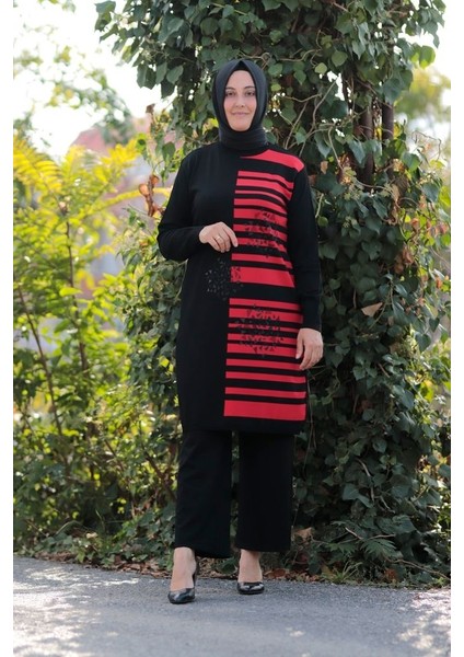 Zey&Ka Butik Büyük Beden Merserize Soğuk Rayon Iplik Perfect Geometrik Çizgi Desen Tunik Pantolon Ikili Takım