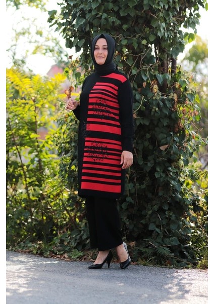 Zey&Ka Butik Büyük Beden Merserize Soğuk Rayon Iplik Perfect Geometrik Çizgi Desen Tunik Pantolon Ikili Takım