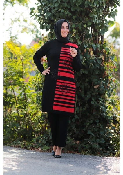 Zey&Ka Butik Büyük Beden Merserize Soğuk Rayon Iplik Perfect Geometrik Çizgi Desen Tunik Pantolon Ikili Takım