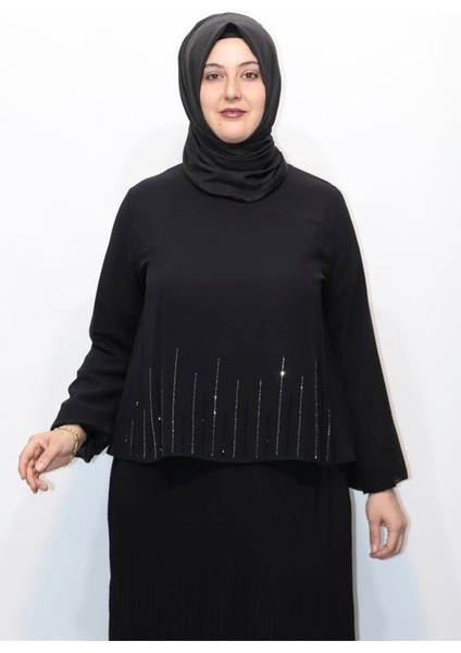 Piliseli Taşlı Astarlı Şifon Abiye Elbise