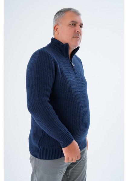 Büyük Beden Erkek Lacivert Zikzak Yürütmeli Dik Yaka Kısa Fermuarlı Triko Yün Kazak TRIST-2117 fiyatları