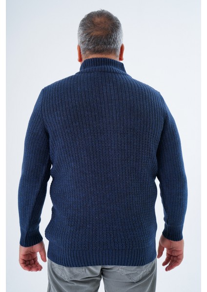 Büyük Beden Erkek Lacivert Zikzak Yürütmeli Dik Yaka Kısa Fermuarlı Triko Yün Kazak TRIST-2117 modelleri