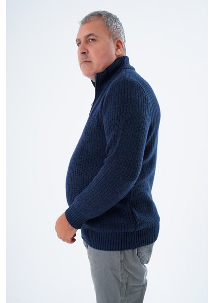 Büyük Beden Erkek Lacivert Zikzak Yürütmeli Dik Yaka Kısa Fermuarlı Triko Yün Kazak TRIST-2117 fırsatları