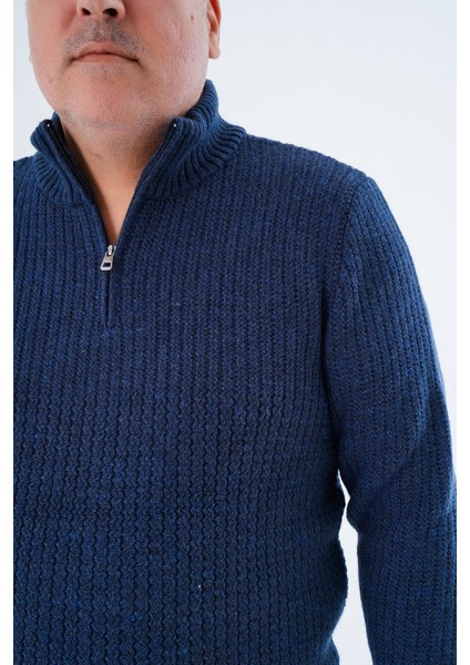 Büyük Beden Erkek Lacivert Zikzak Yürütmeli Dik Yaka Kısa Fermuarlı Triko Yün Kazak TRIST-2117 indirimleri