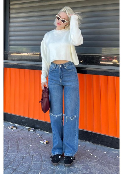 Krem Bisiklet Yaka Crop Kadın Kazak MG2166 fırsatları