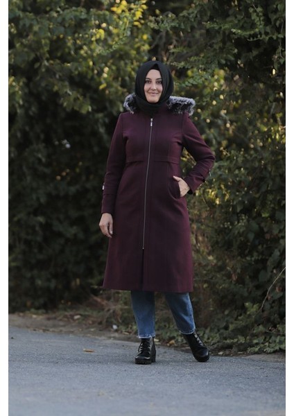 Büyük Beden Kapüşonlu Kaşe Kaban Mont