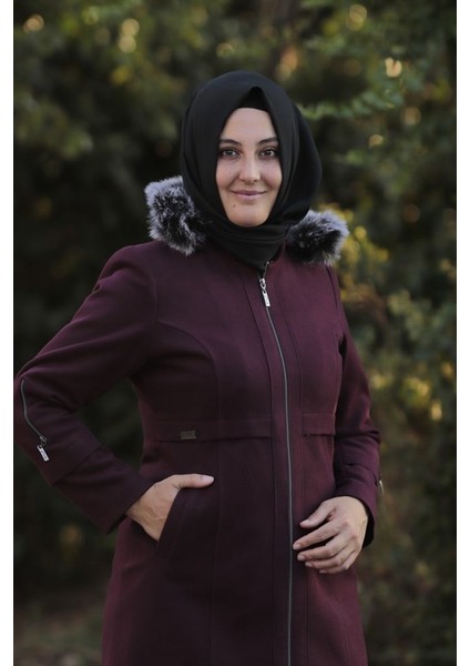 Büyük Beden Kapüşonlu Kaşe Kaban Mont