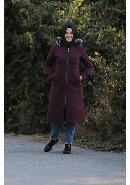 Büyük Beden Kapüşonlu Kaşe Kaban Mont