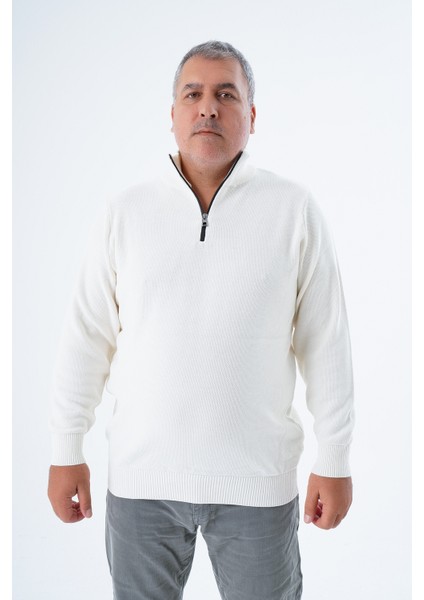 Büyük Beden Erkek Ekru Fermuarlı Dik Yaka Pirinç Örgü Pamuk Triko Kazak TRIST-2113