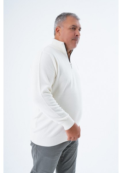 Büyük Beden Erkek Ekru Fermuarlı Dik Yaka Pirinç Örgü Pamuk Triko Kazak TRIST-2113 fiyatları