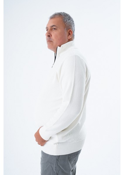 Büyük Beden Erkek Ekru Fermuarlı Dik Yaka Pirinç Örgü Pamuk Triko Kazak TRIST-2113 fırsatları