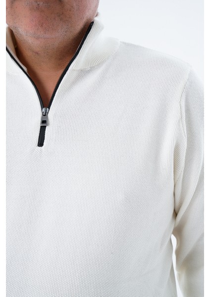 Büyük Beden Erkek Ekru Fermuarlı Dik Yaka Pirinç Örgü Pamuk Triko Kazak TRIST-2113 indirimleri