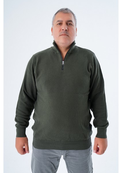 Büyük Beden Erkek Haki Fermuarlı Dik Yaka Pirinç Örgü Pamuk Triko Kazak TRIST-2113