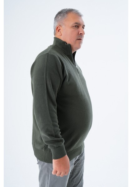 Büyük Beden Erkek Haki Fermuarlı Dik Yaka Pirinç Örgü Pamuk Triko Kazak TRIST-2113 fiyatları