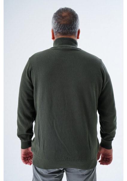 Büyük Beden Erkek Haki Fermuarlı Dik Yaka Pirinç Örgü Pamuk Triko Kazak TRIST-2113 modelleri