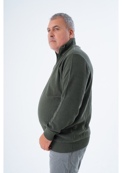 Büyük Beden Erkek Haki Fermuarlı Dik Yaka Pirinç Örgü Pamuk Triko Kazak TRIST-2113 fırsatları
