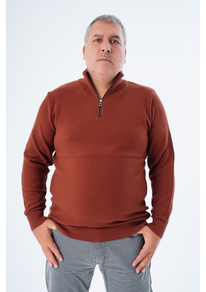 Büyük Beden Erkek Kiremit Fermuarlı Dik Yaka Pirinç Örgü Pamuk Triko Kazak TRIST-2113