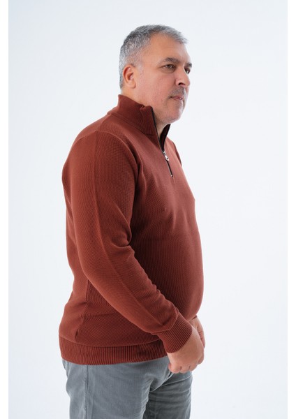 Büyük Beden Erkek Kiremit Fermuarlı Dik Yaka Pirinç Örgü Pamuk Triko Kazak TRIST-2113 fiyatları