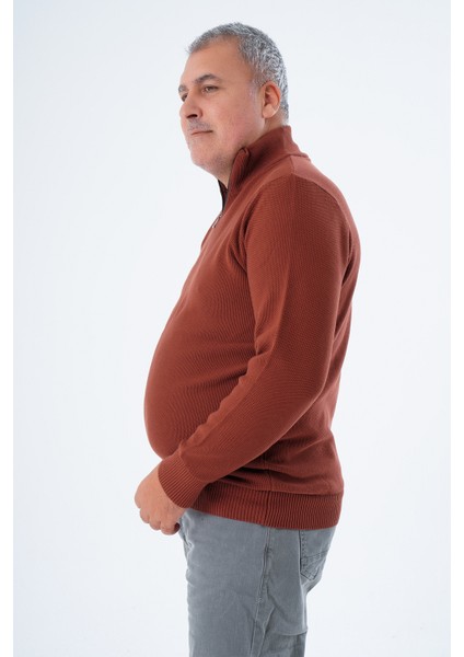 Büyük Beden Erkek Kiremit Fermuarlı Dik Yaka Pirinç Örgü Pamuk Triko Kazak TRIST-2113 fırsatları