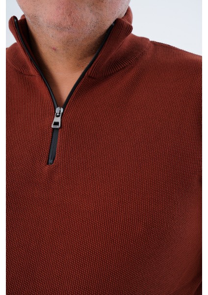 Büyük Beden Erkek Kiremit Fermuarlı Dik Yaka Pirinç Örgü Pamuk Triko Kazak TRIST-2113 indirimleri