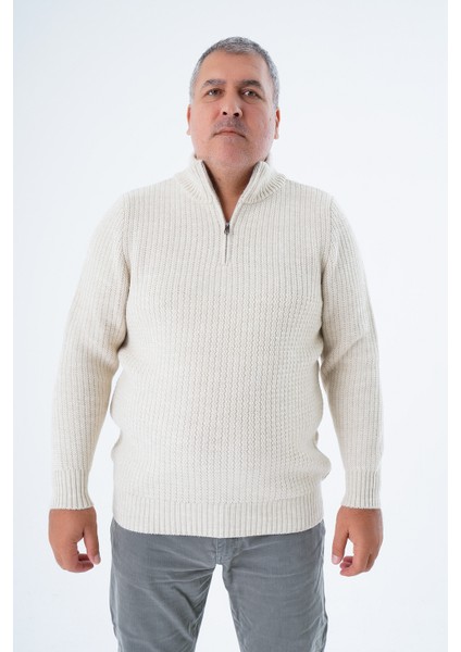 Büyük Beden Erkek Bej Zikzak Yürütmeli Dik Yaka Kısa Fermuarlı Triko Yün Kazak TRIST-2117