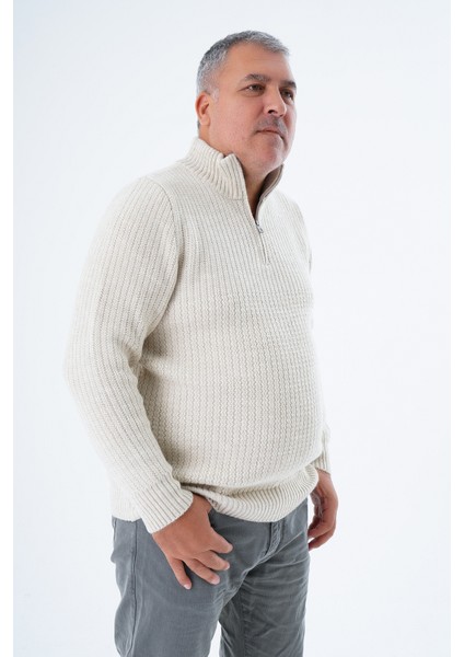 Büyük Beden Erkek Bej Zikzak Yürütmeli Dik Yaka Kısa Fermuarlı Triko Yün Kazak TRIST-2117 fiyatları