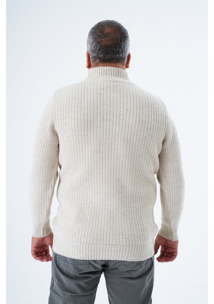 Büyük Beden Erkek Bej Zikzak Yürütmeli Dik Yaka Kısa Fermuarlı Triko Yün Kazak TRIST-2117 modelleri