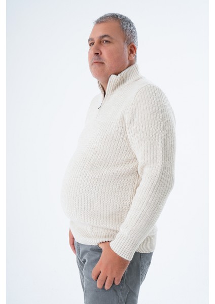 Büyük Beden Erkek Bej Zikzak Yürütmeli Dik Yaka Kısa Fermuarlı Triko Yün Kazak TRIST-2117 fırsatları