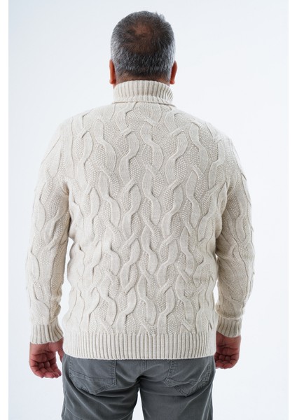 Büyük Beden Erkek Bej Balıkçı Yaka Pirinç Saç Örgülü Yün Triko Örme Kazak TRIST-2118 modelleri