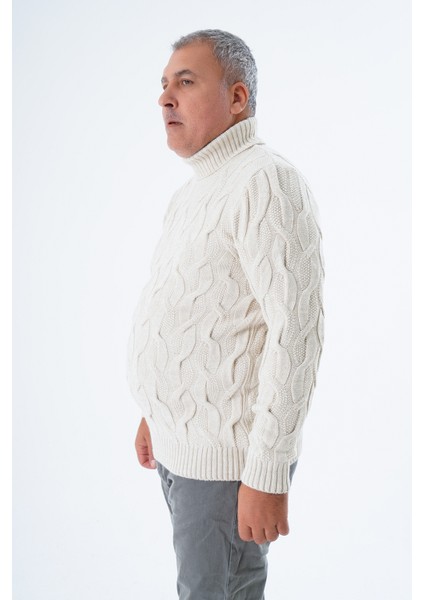 Büyük Beden Erkek Bej Balıkçı Yaka Pirinç Saç Örgülü Yün Triko Örme Kazak TRIST-2118 fırsatları