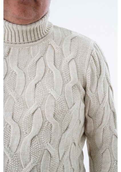 Büyük Beden Erkek Bej Balıkçı Yaka Pirinç Saç Örgülü Yün Triko Örme Kazak TRIST-2118 indirimleri