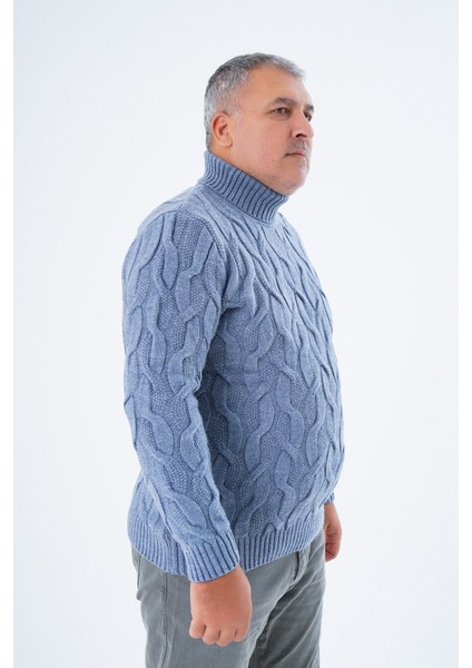 Büyük Beden Erkek Indigo Balıkçı Yaka Pirinç Saç Örgülü Yün Triko Örme Kazak TRIST-2118 fiyatları