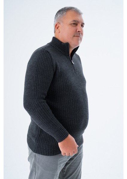 Büyük Beden Erkek Antrasit Zikzak Yürütmeli Dik Yaka Kısa Fermuarlı Triko Yün Kazak TRIST-2117 fiyatları
