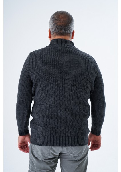Büyük Beden Erkek Antrasit Zikzak Yürütmeli Dik Yaka Kısa Fermuarlı Triko Yün Kazak TRIST-2117 modelleri