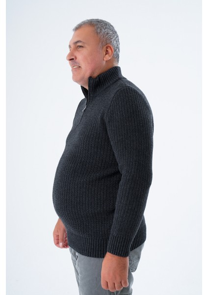 Büyük Beden Erkek Antrasit Zikzak Yürütmeli Dik Yaka Kısa Fermuarlı Triko Yün Kazak TRIST-2117 fırsatları
