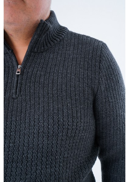 Büyük Beden Erkek Antrasit Zikzak Yürütmeli Dik Yaka Kısa Fermuarlı Triko Yün Kazak TRIST-2117 indirimleri