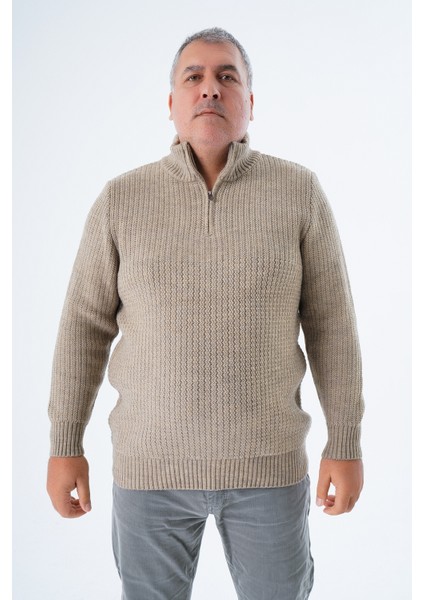 Büyük Beden Erkek Vizon Zikzak Yürütmeli Dik Yaka Kısa Fermuarlı Triko Yün Kazak TRIST-2117