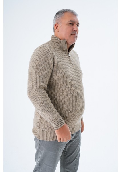 Büyük Beden Erkek Vizon Zikzak Yürütmeli Dik Yaka Kısa Fermuarlı Triko Yün Kazak TRIST-2117 fiyatları